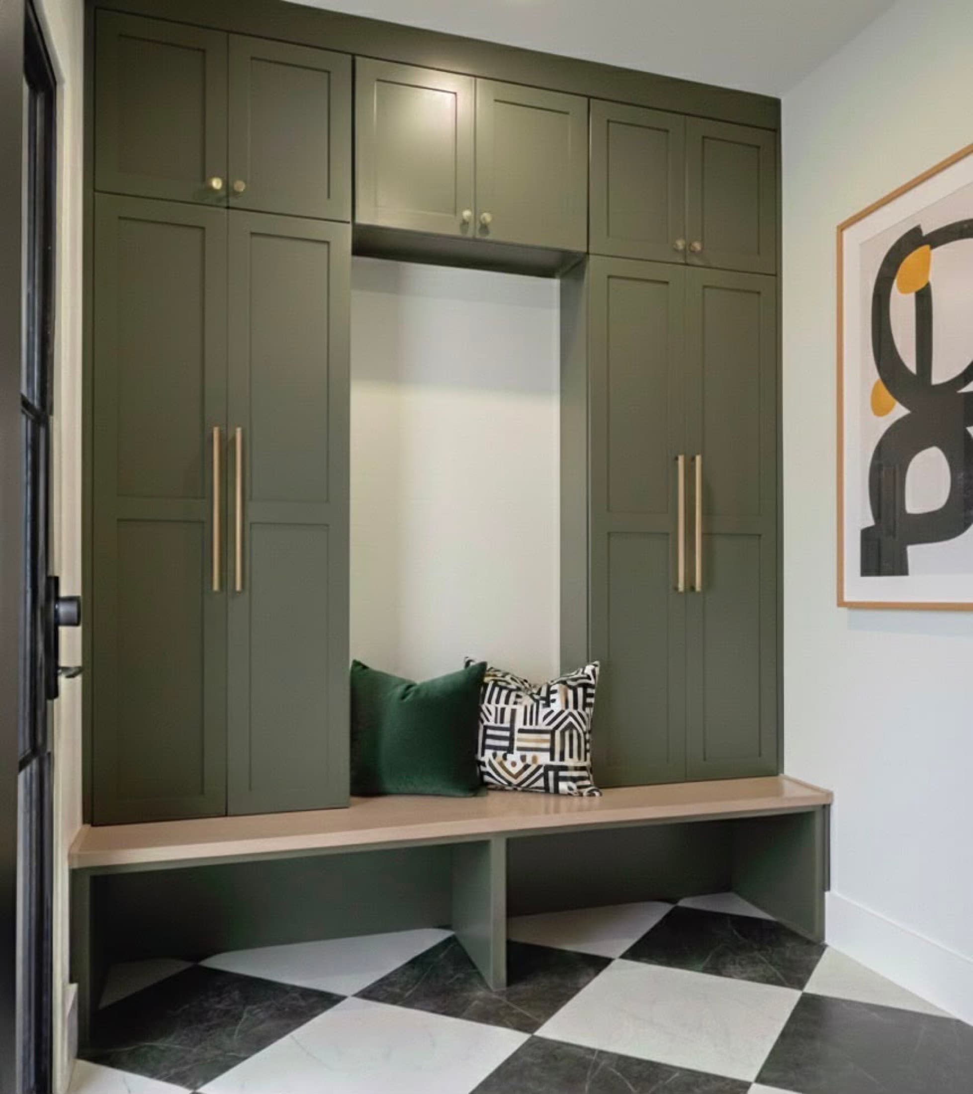 Custom mudroom cabinetry with bench seating, London, Ontario